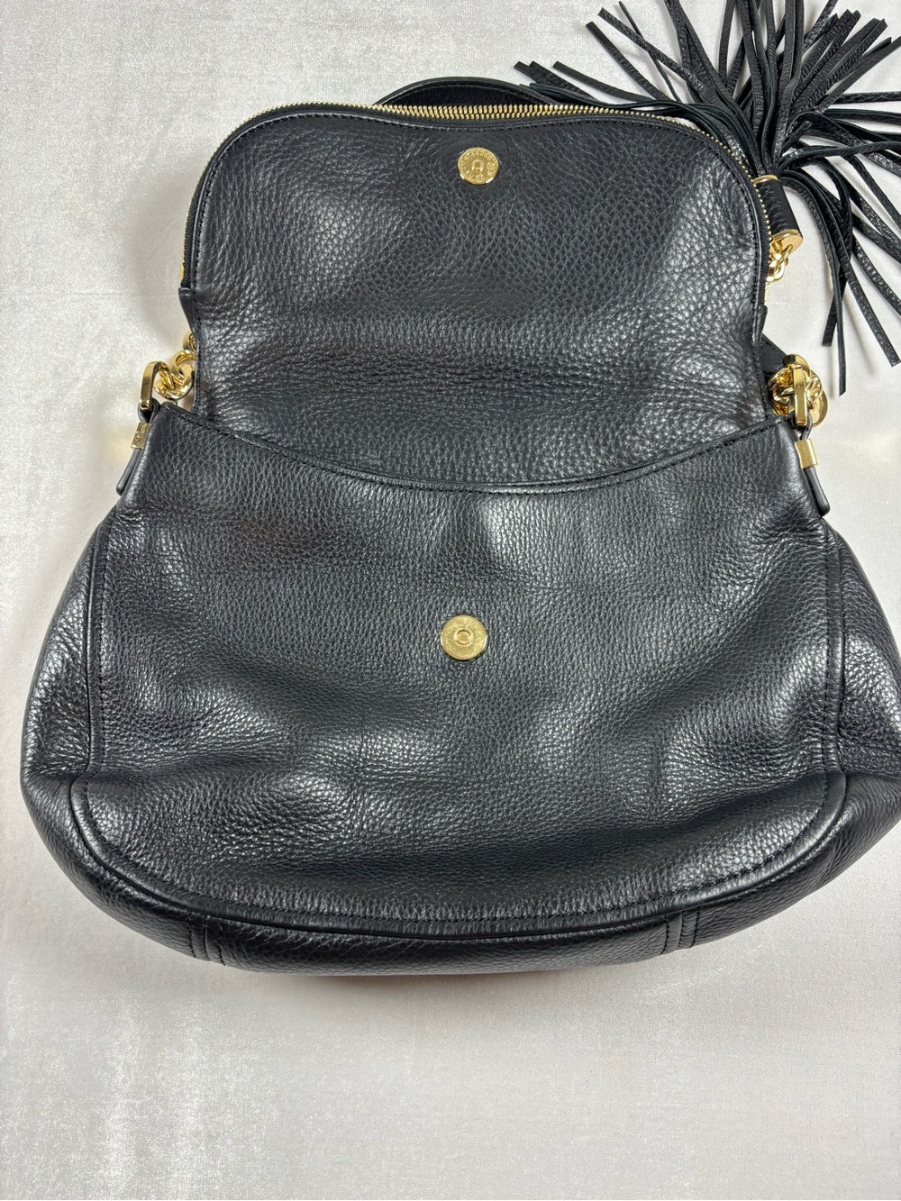 Michael Kors Black Pebbled Leather Tassel Shoulder Bag Gold Chain Hobo Purse - Picture 5 of 14
